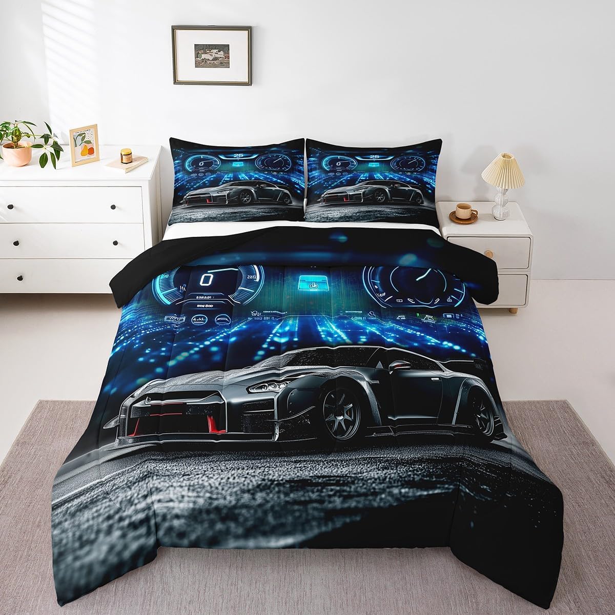 Pillow Cover - Racing Car Comforter Set Full Size Race Car Bedding Set for Kids Boys Teens Modern Sports Car Quilt Bedroom Decor 3D Novelty Extreme Sports Duvet