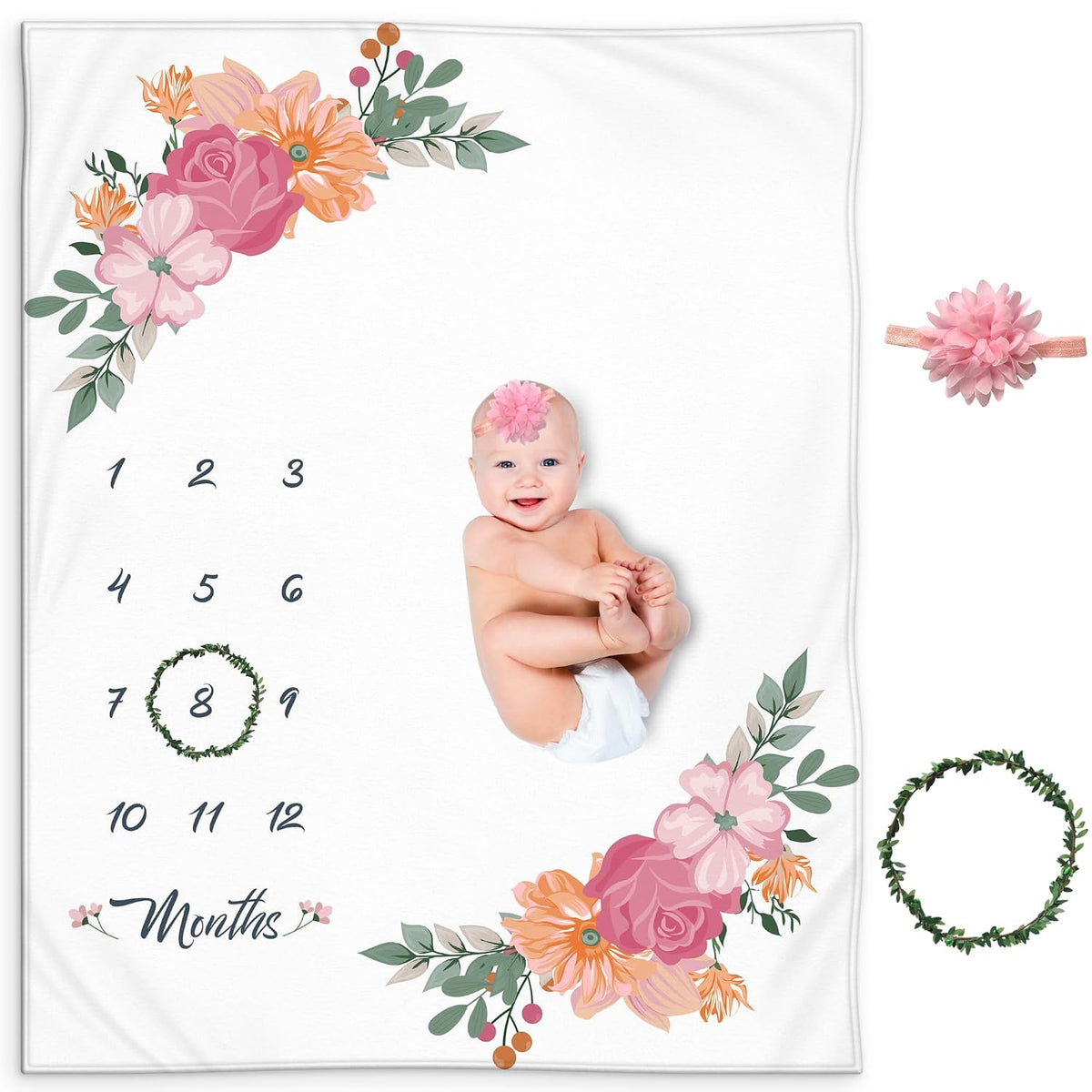 Baby Blanket - KEMINA Baby Girl Monthly Milestone Blanket – 50x40 Floral Fleece Blanket with Wreath, Headband & Chalkboard – Soft Photo Prop for Newborn Baby