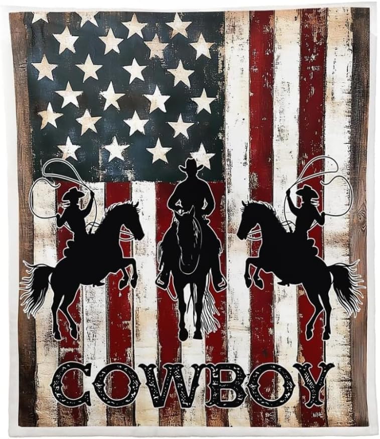 Sherpa Throw Blanket - Western Rustic Blanket for Cowboys and Cowgirls - Farmstyle Throw, Vintage American Flag Fleece, Wild Animal Print Fuzzy, Farmhouse