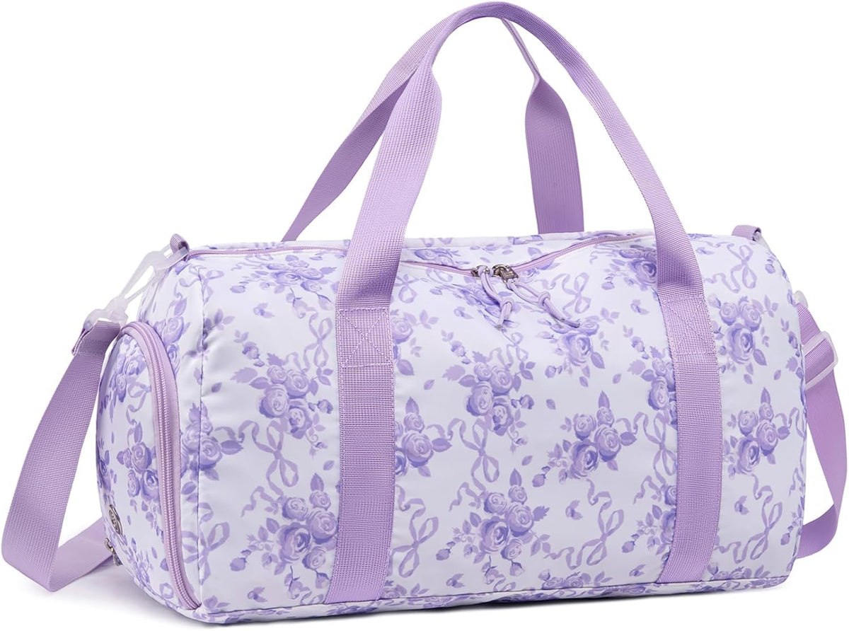 Kids Duffel Bag - Kids Duffel Overnight Bag Boys Girls Toddler Weekender Carry-On Personalized Tote for Travel Gym Sport (Purple Bow Flower)