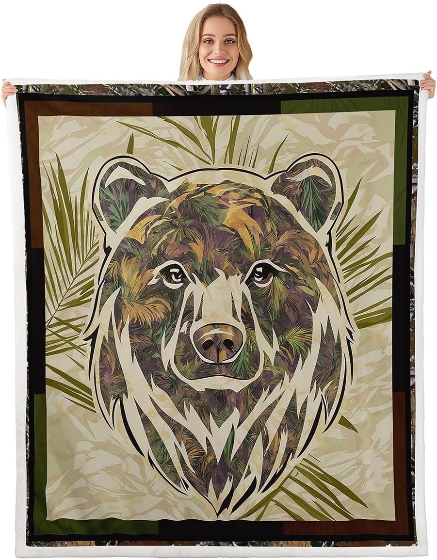 Fleece Throw Blanket - Rustic Bear Throw Blanket Throw 50'X60' Hunting Camo Plush Bed Blanket For Kids Boys Men, Camouflage Woodland Animal Fleece Blanket For