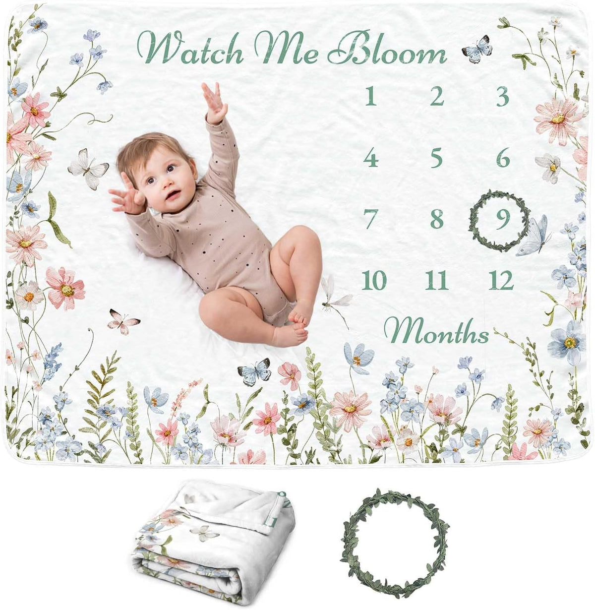 Baby Blanket - Wildflower Baby Monthly Blanket for Boys, Boho Newborn Age Blanket, Soft Flannel Photography Background Prop, Floral