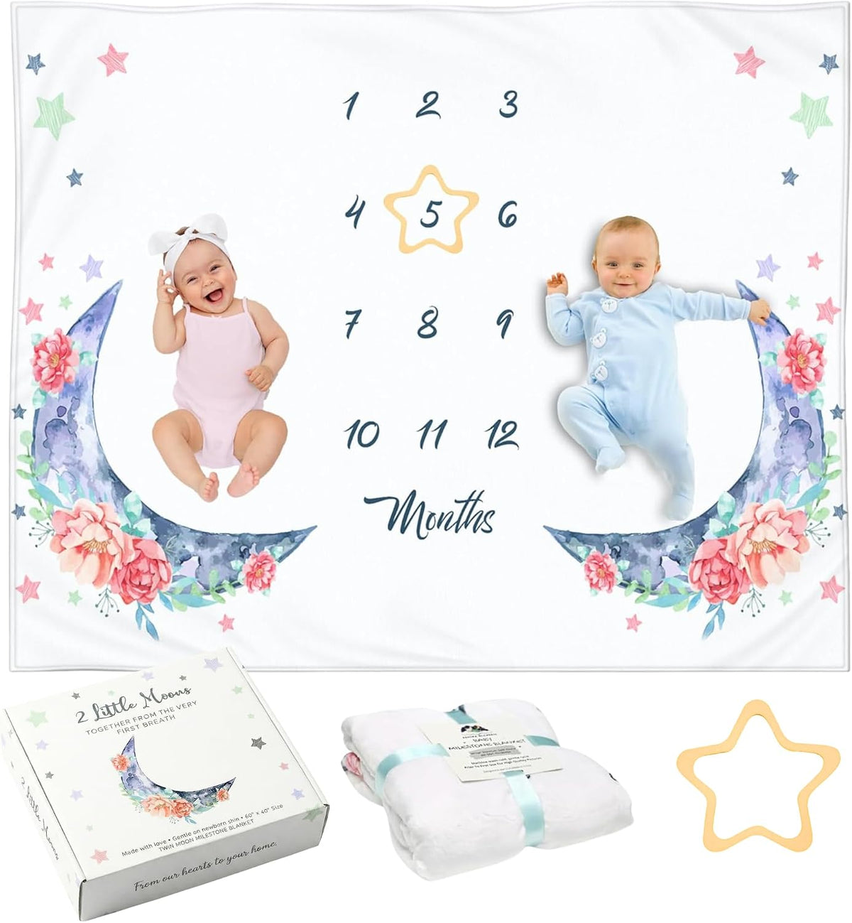 Fleece Throw Blanket - Twin Baby Milestone Blanket, Double Moon Floral, Soft Fleece 60x40 in