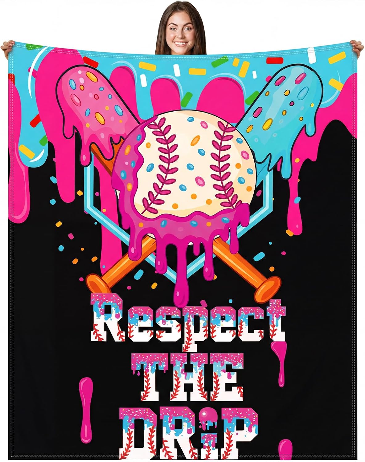 Throw Blanket - Baseball Ice Cream Drip Blanket 50x60 Sports Throw Blanket