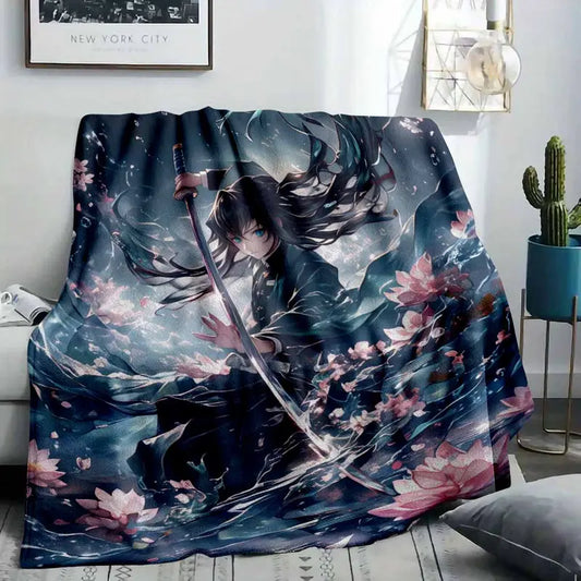 Samurai Anime Sword Flannel Blanket Cherry Blossom Print Throw - image 2