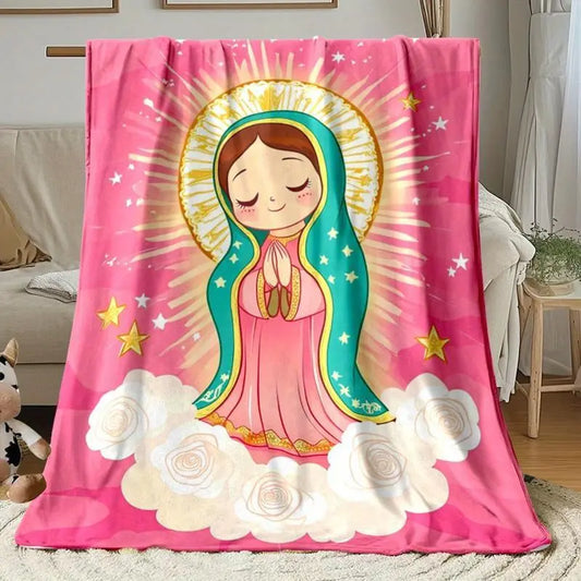 Anime Virgin Mary & Our Lady Guadalupe Soft Flannel Throw Blanket - Lightweight Fleece for All Seasons