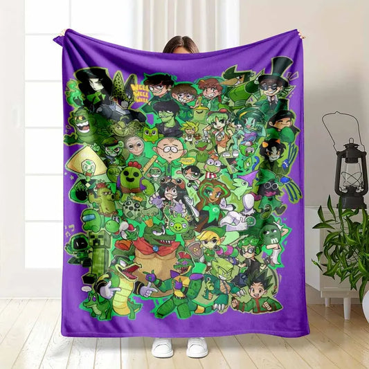 Flannel Cartoon Heroes Collage Throw Blanket Green Monster