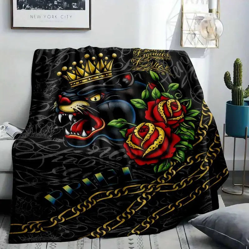 3dED HARDY Tattoo Black Panther Skull Blanket - Soft & Durable Living Room & Bedroom Throw - image 2