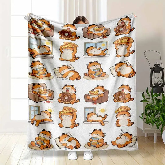 Lazy Cat Cartoon Animal Graphic Flannel Blanket - Soft, Breathable, Lightweight Throw for Sofa Bed