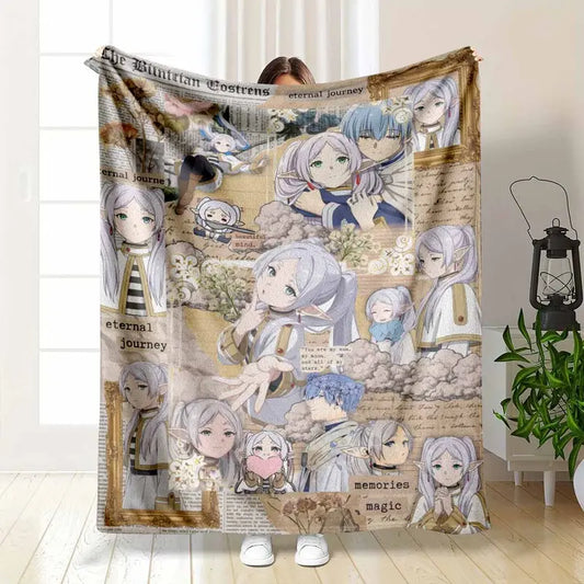 Frieren Anime Art Flannel Blanket with Fantasy Character Prints – Soft Lightweight All-Season Bedding