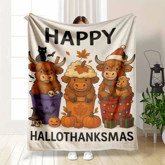 Highland Cow Festive Flannel Fleece Blanket - Soft Warm Couch Throw
