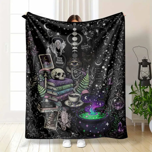 Mystical Witchcraft Celestial Moon Phase Flannel Throw Blanket