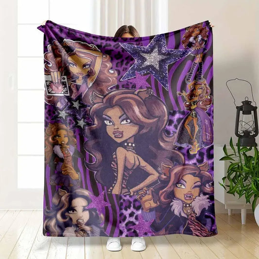 Wolf Girl Flannel Blanket - Purple Leopard Print Plush