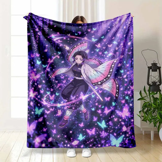 Butterfly Sword Warrior Flannel Blanket Anime Enchanted Forest Pattern Super Soft Lightweight Breathable Cozy Warm Throw Rug For Living Room Bedroom Sofa Travel Camping Holiday Home Decor Gift