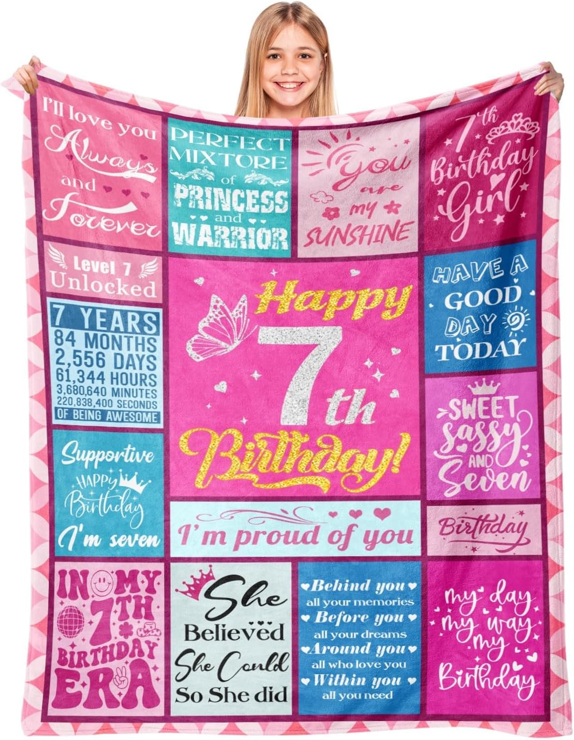 Blanket - 7 Year Old Girl Birthday Gifts, Happy 7th Birthday Blanket, 50' x 60'