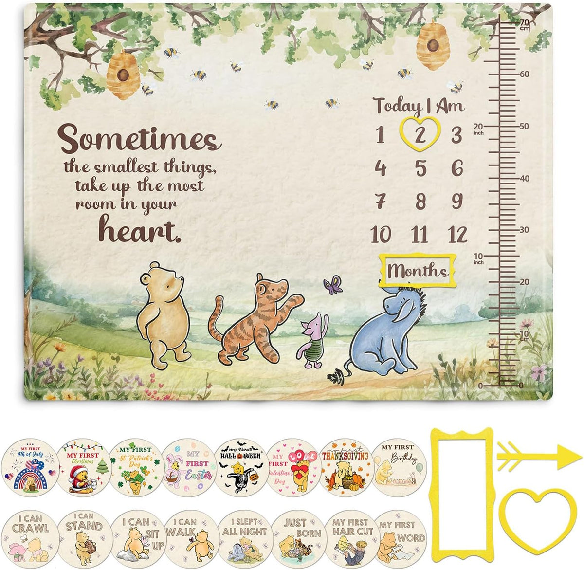 Blanket - the Pooh Baby Monthly Milestone Blanket, Winnie Monthly Blanket Growth Chart, Winnie Quotes Decor with Double-Sided Printed Cardstock（16