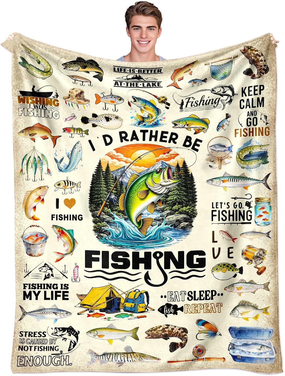 Flannel Throw Blanket - Fishing Blanket Gifts for Men Soft Flannel Fishing Throw Blanket Funny Fish Gift Merch Stuff for Boys Fisherman '