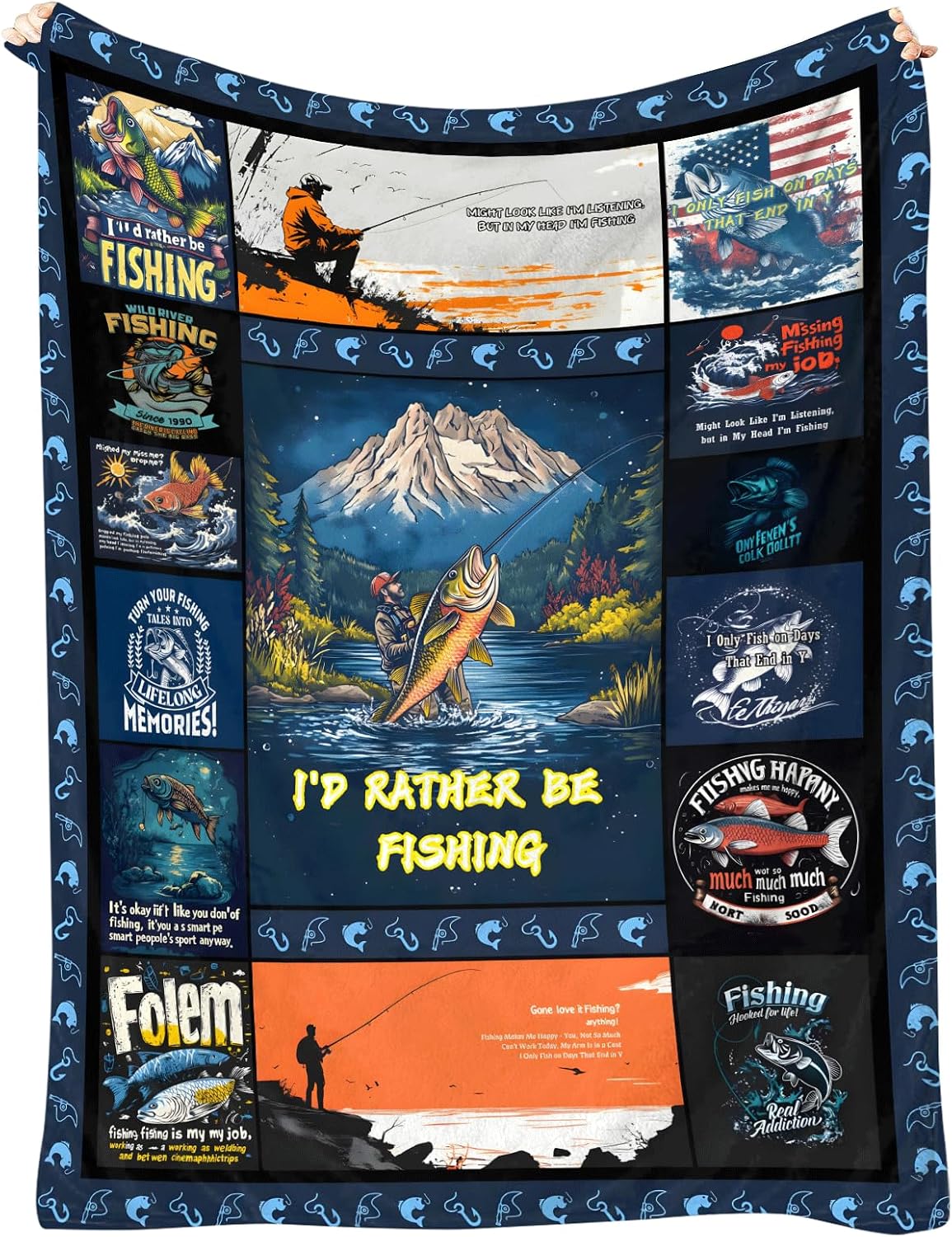 Fleece Throw Blanket - Fishing Blanket 50x60 – Soft Flannel Fleece Fish Throw for Men, Vintage Mountain Lake Art, Cozy Couch/Bed/RV Camping, Gifts for