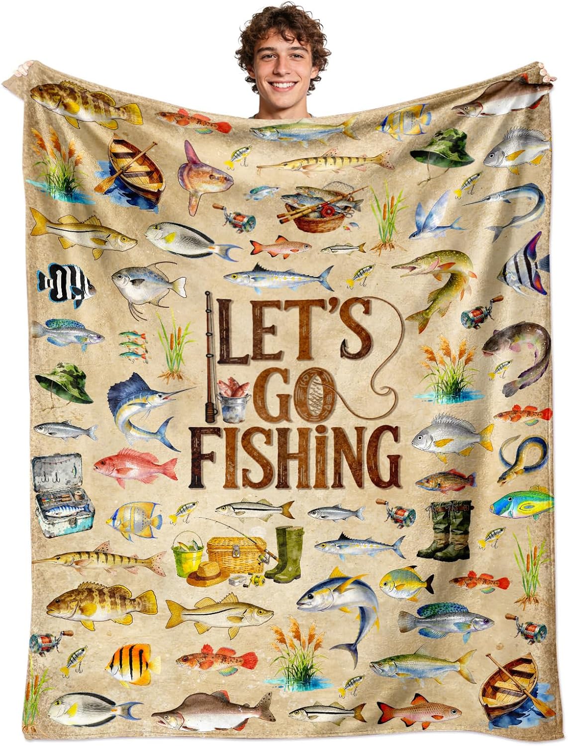 Flannel Throw Blanket - Fish Blanket Gifts for Men Boys Soft Flannel Fishing Throw Blanket Funny Fish Lover Gift Merch Stuff for Fisherman 50'X40'
