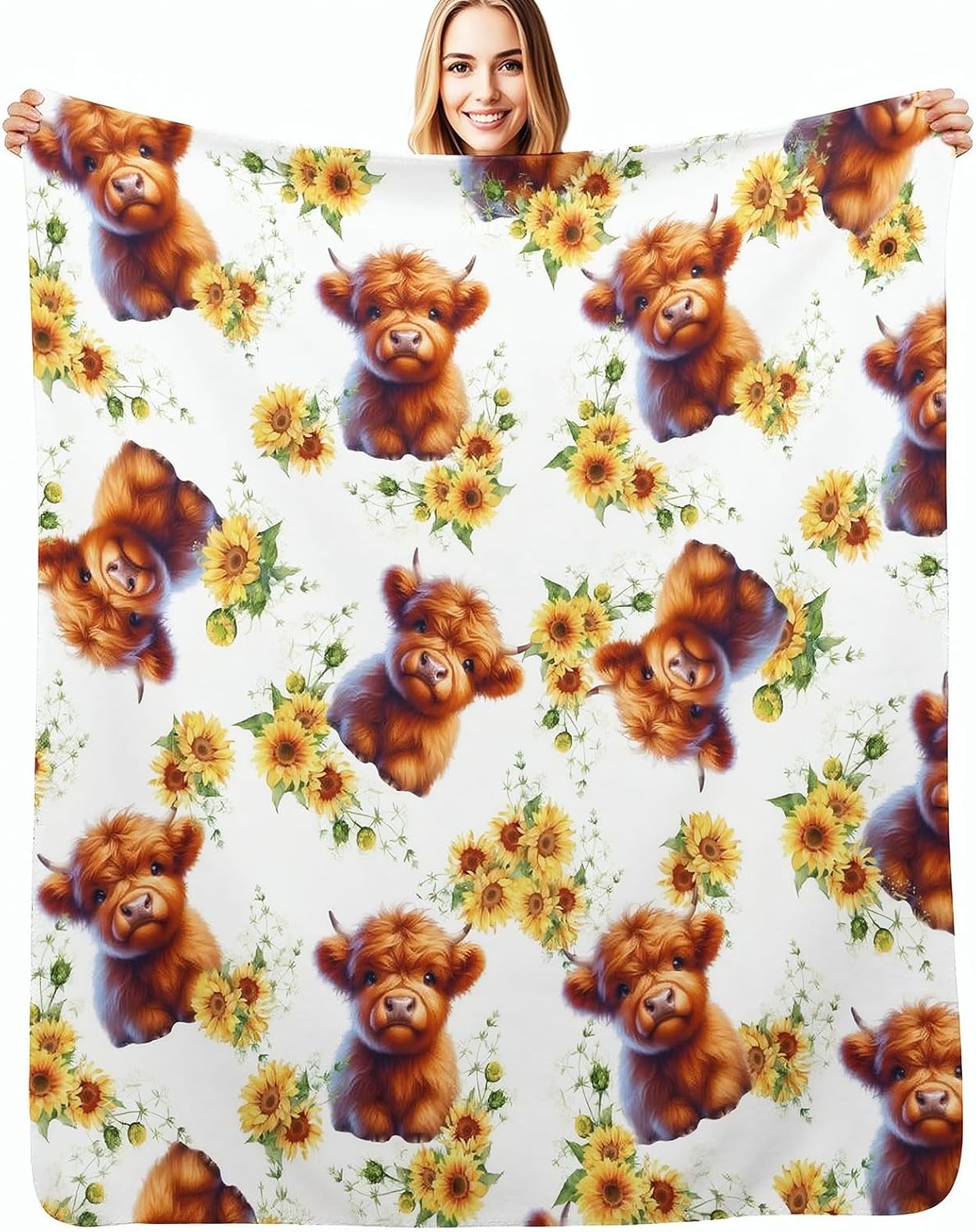Flannel Throw Blanket - Highland Cow Sunflower Blanket Soft Flannel Throw Blanket, 50'X60'