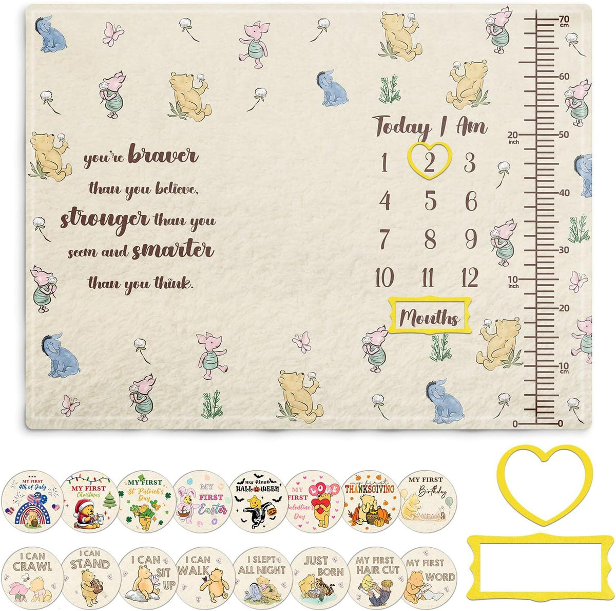 Baby Blanket - Classic Pooh Baby Monthly Milestone Blanket, Winnie Baby Blanket Growth Chart, Blanket with Photo Tools, with Double-Sided Printed Cardstock（16