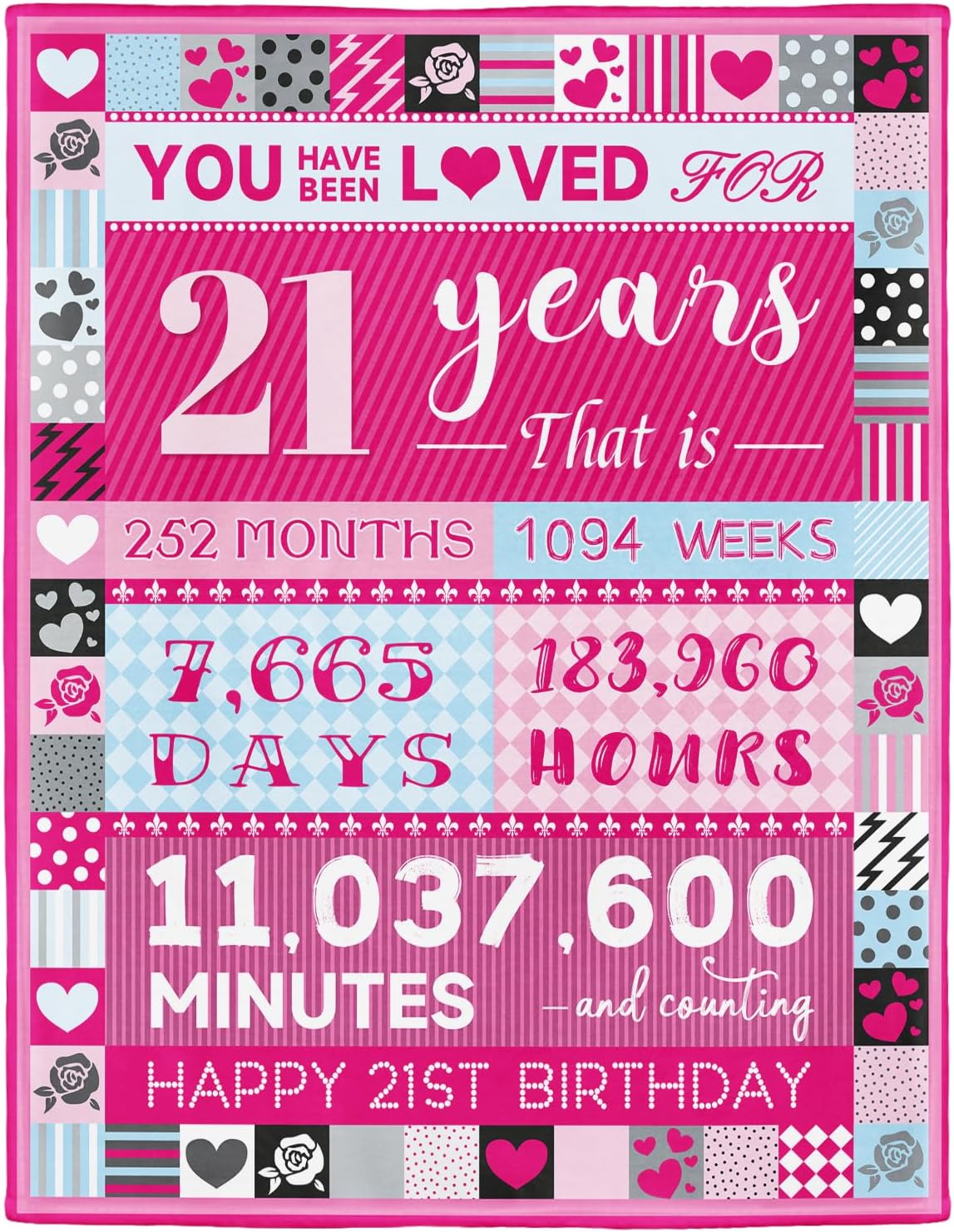 Blanket - 21 Year Old Girl Birthday Gifts, Pink Love Rose Elements Happy Birthday Blanket, Sweet 21 Gifts for Girls Daughters Sisters Friends, 50'x60'