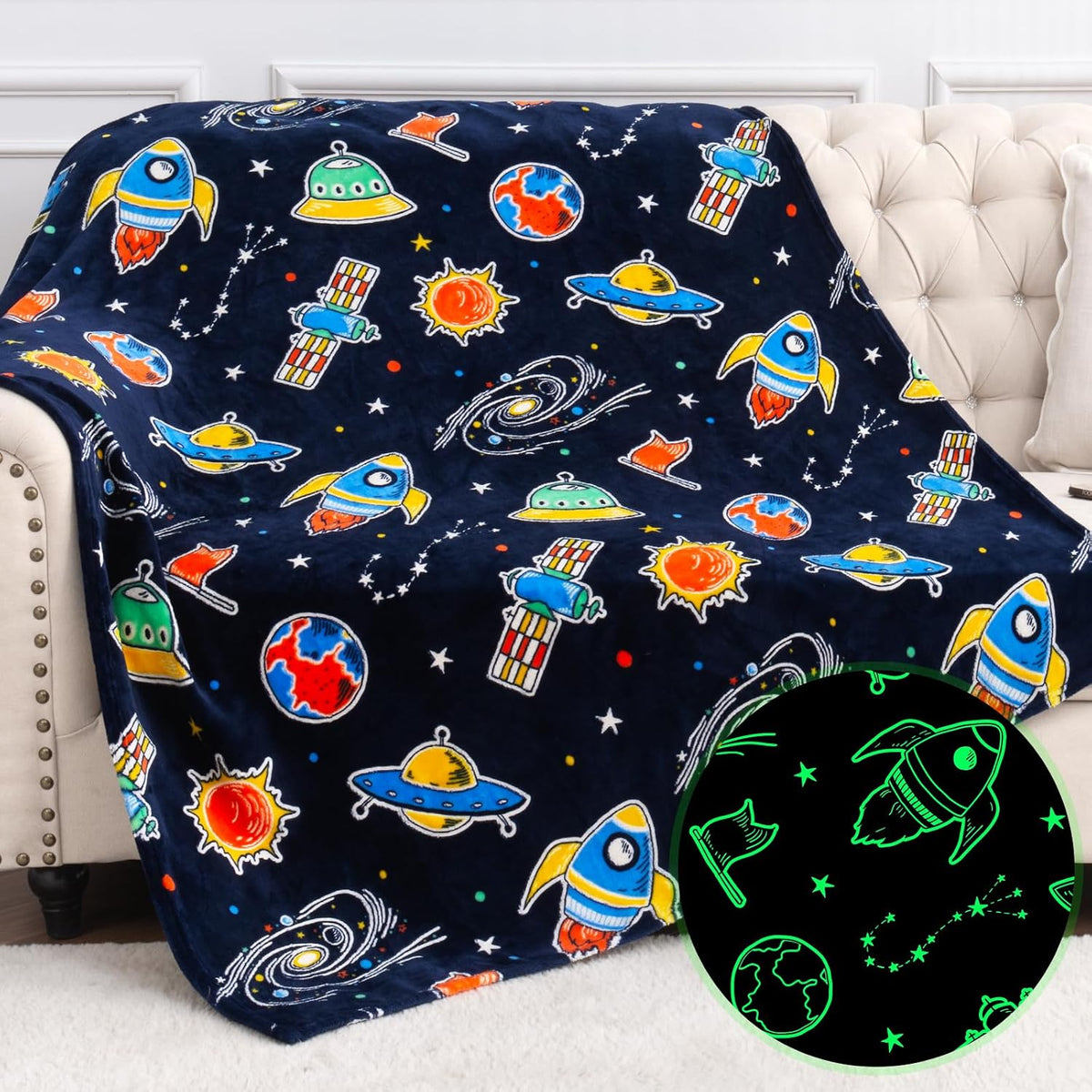 Glow in the Dark Blanket - Space Toys Gifts Outer Space Galaxy Glow in The Dark Blanket