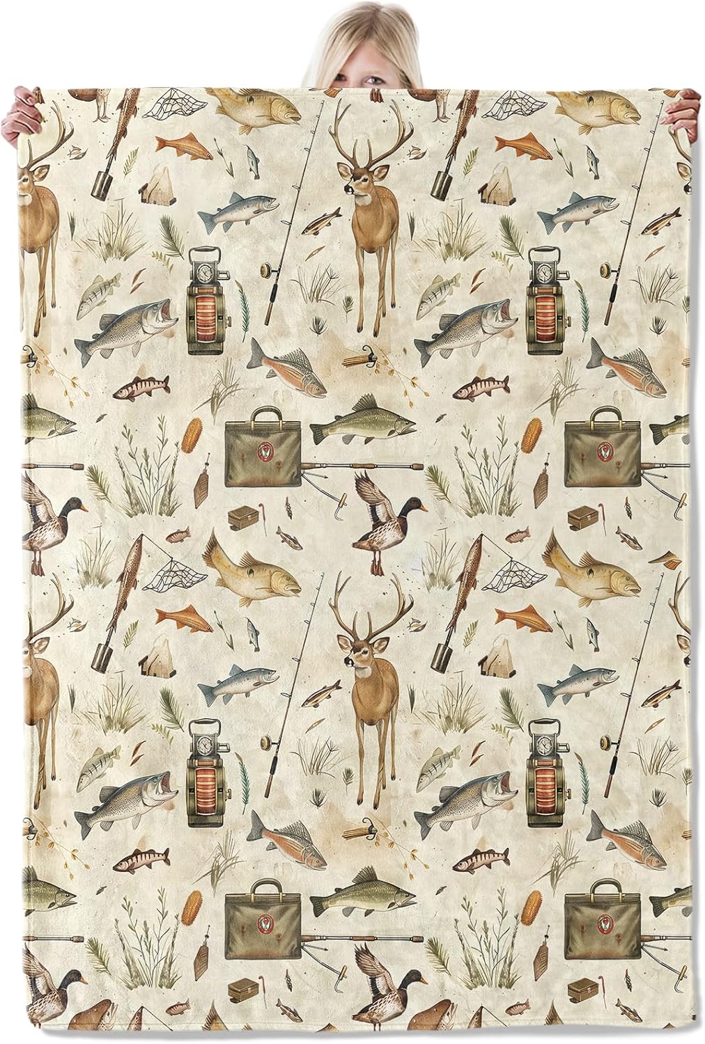Flannel Throw Blanket - Outdoor Adventure Art Blanket 50×60 Inch, Fishing, Hunting Nature Lightweight Flannel Throw with Rustic Deer, Fish and Gear, Sportsmen