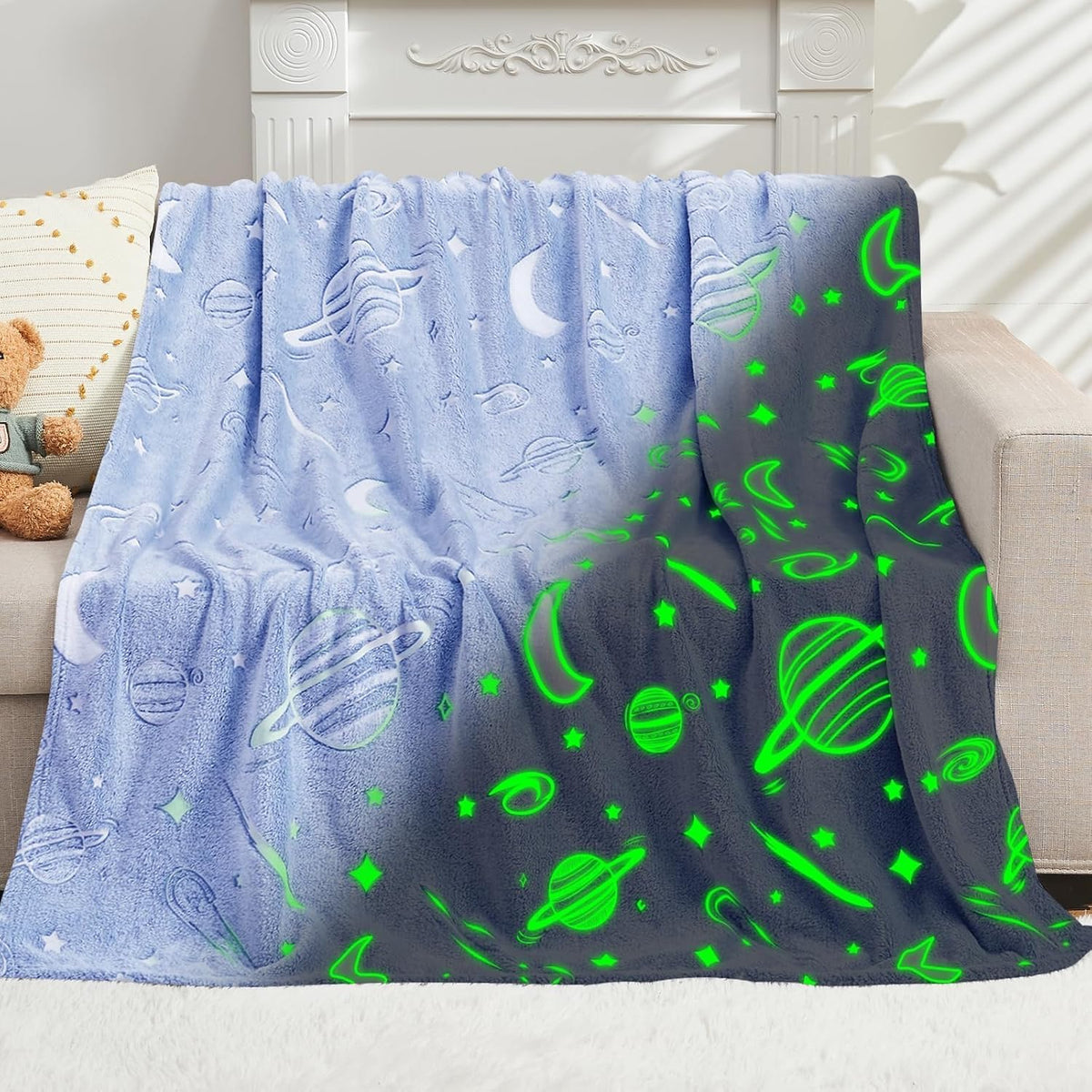 Glow in the Dark Blanket - Blue Space Toys Glow in the Dark Stars Blanket Birthday Gifts for Boys Cute Kids Blanket and Funny Space Planet Moon Galaxy Room