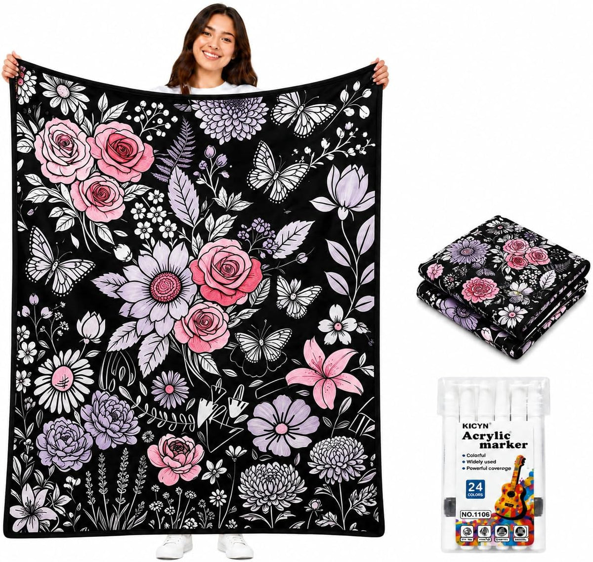 DIY Coloring Blanket - DIY Coloring Blanket with 24 Colors Markers, Color Blankets for Adults, Washable Diys Colorings Sherpa Fleece Blanket Kits, Fuzzy Velvet