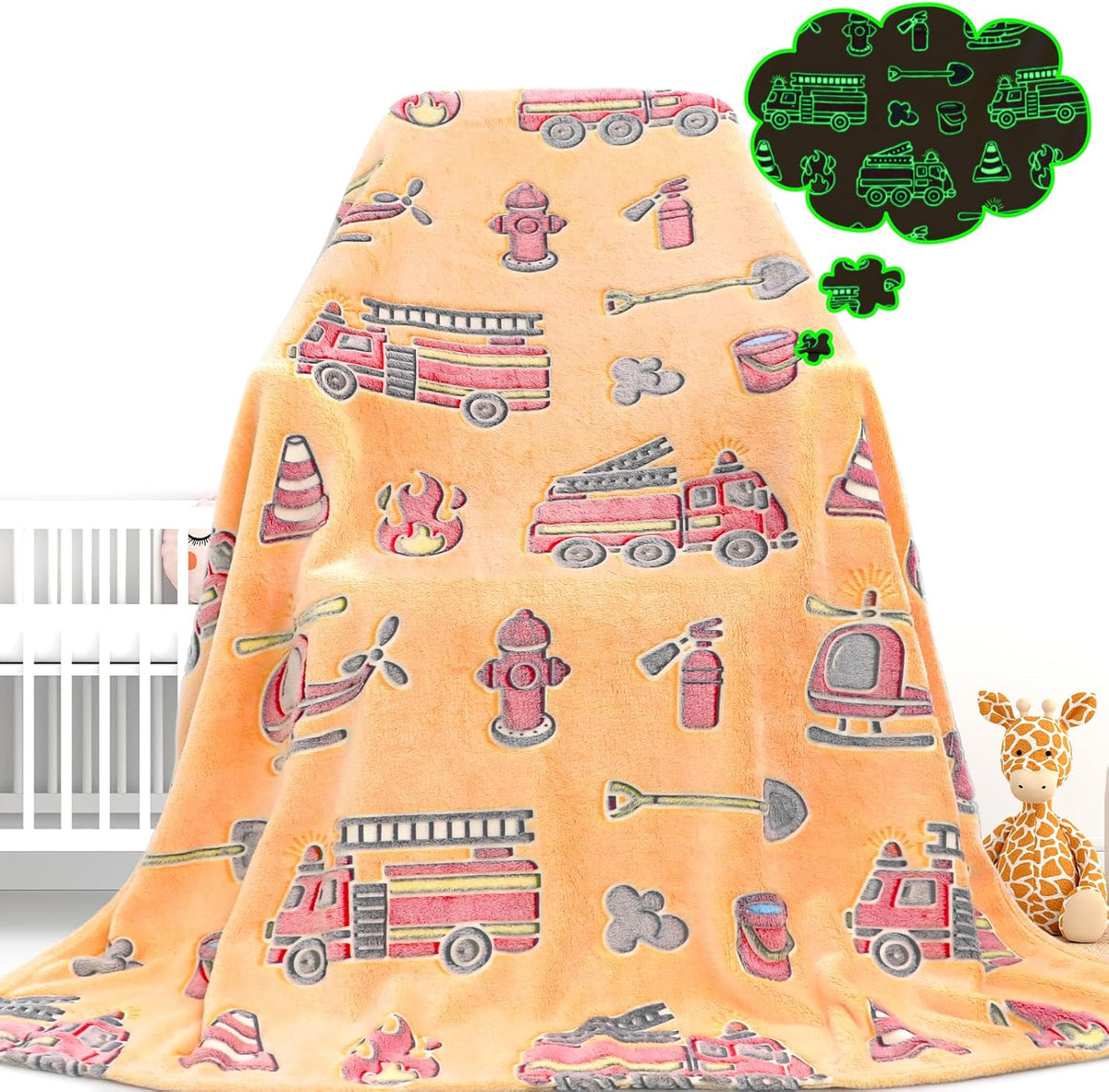 Glow in the Dark Blanket - Toddler Blankets for Boys, Firetruck Toys for Toddler 1-3 3-5, Fire Truck Glow in the Dark Blanket for Kids, Cars Blanket, Birthday