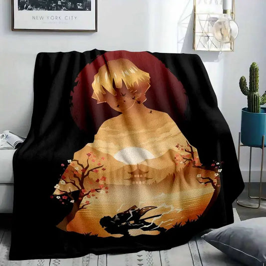 Anime Samurai Flannel Blanket Sunset Cherry Blossom Pattern Ultra Soft Lightweight Warm Throw - image 2