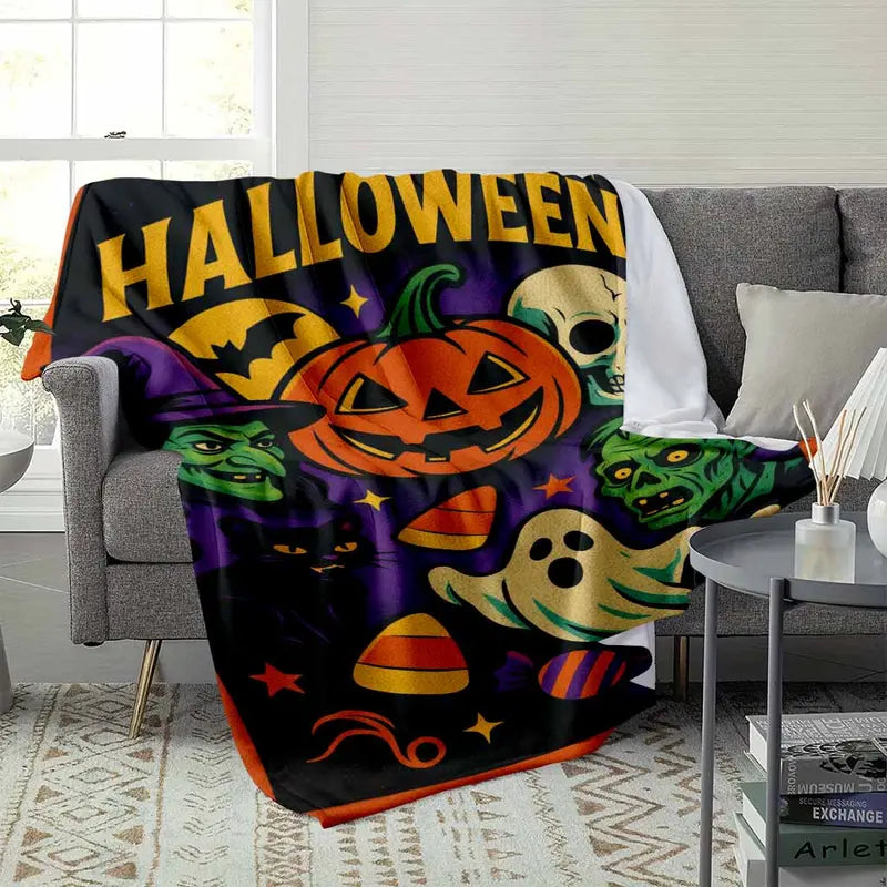 Halloween Aesthetic Flannel Fleece Throw Blanket - Vibrant Pumpkin-Witch-Skull Pattern, Ultra Soft & Warm for Autumn Home Decor - image 9