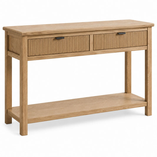 Oak Wood Console Table with Drawers and Shelf Natural Finish 120cm