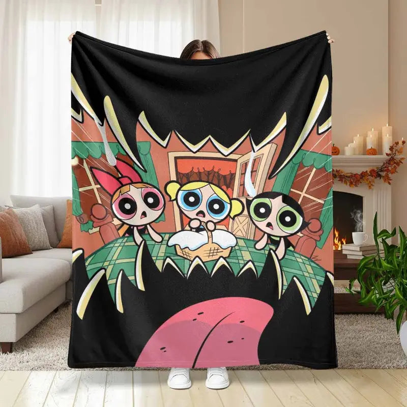 Cartoon Trio Flannel Blanket - Cute Big Eye Heroine Print, Wrinkle-Resistant, Soft Lightweight Indoor/Outdoor Throw, 60x80 Inch