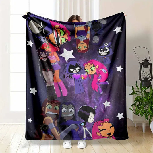 Animated Character Flannel Blanket Galaxy Starry Design Soft Cozy Textile