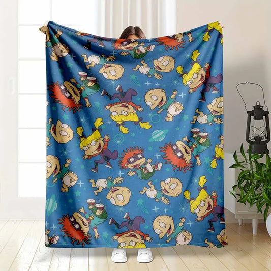 Retro Cartoon Babies in Space Flannel Throw Blanket