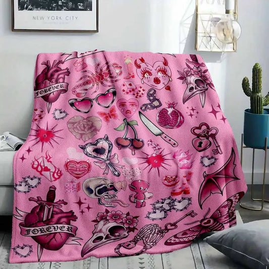 Gothic Romance Noir Flannel Blanket Pink Punk Tattoo Elements Soft Cozy Throw - image 2
