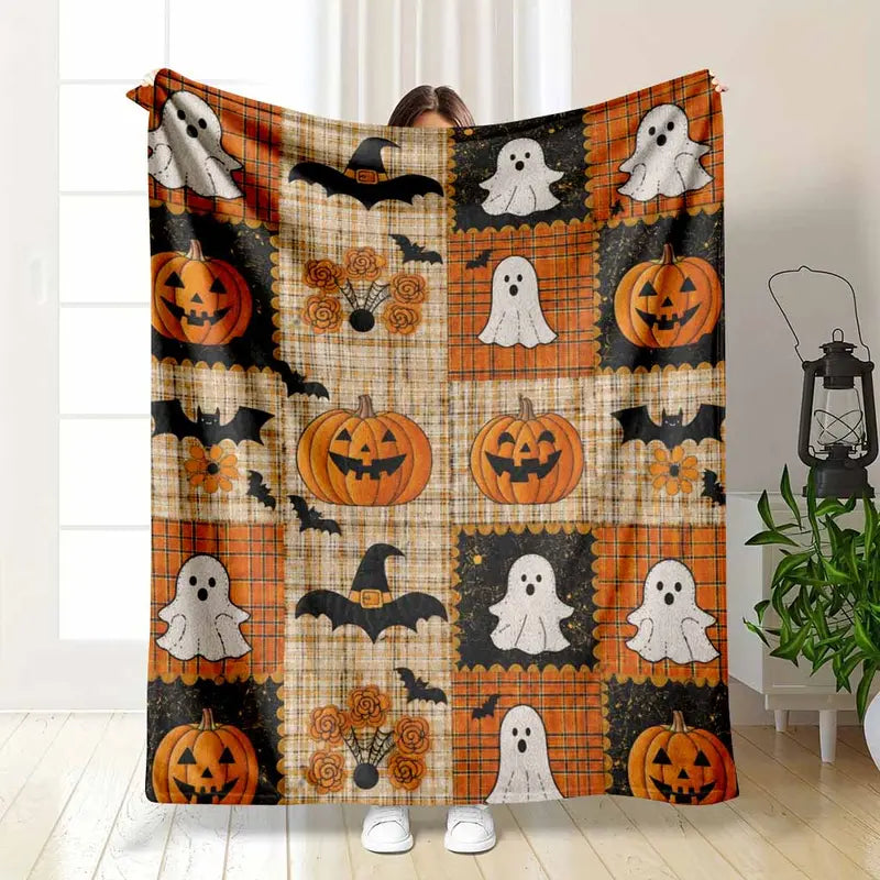 Halloween Patchwork Flannel Blanket Soft Warm Cozy Throw in Multiple Sizes