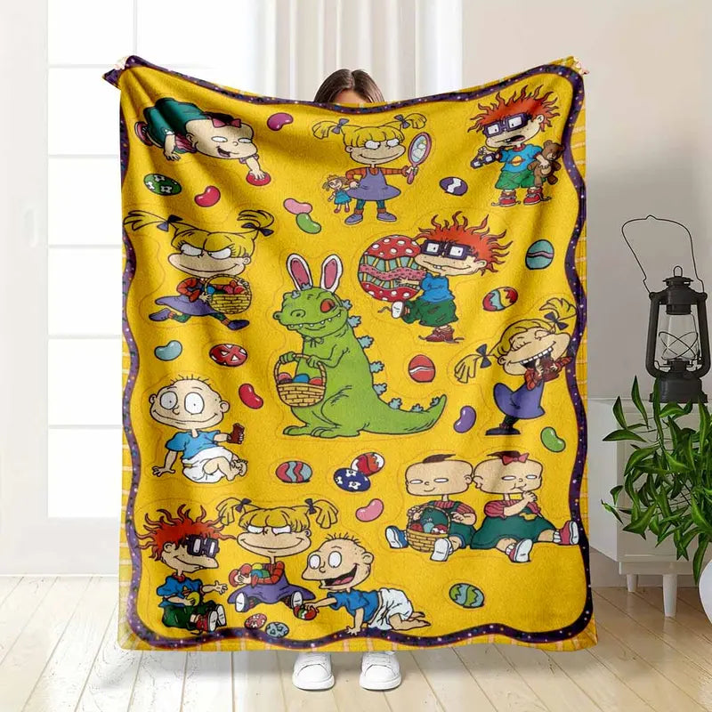 Cartoon Easter Eggs Flannel Blanket, Colorful Cozy Throw