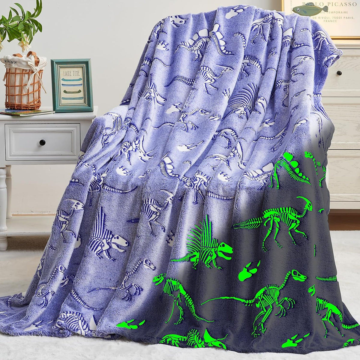 Glow in the Dark Blanket - Dinosaur Gifts for Kids, Glow in the Dark Dinosaur Blanket with Fossil