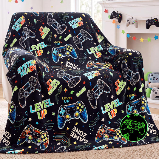 Glow in the Dark Blanket - Glow in The Dark Blanket Black Gaming, Gamer Gifts for Boys Age 2 3 4 5 6 7 8 9 10 11 12 Year Old, Cozy Soft Flannel Kids Throw