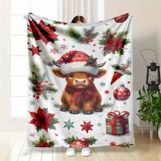 Festive Highland Cow Flannel Throw Blanket for Winter Home Decor