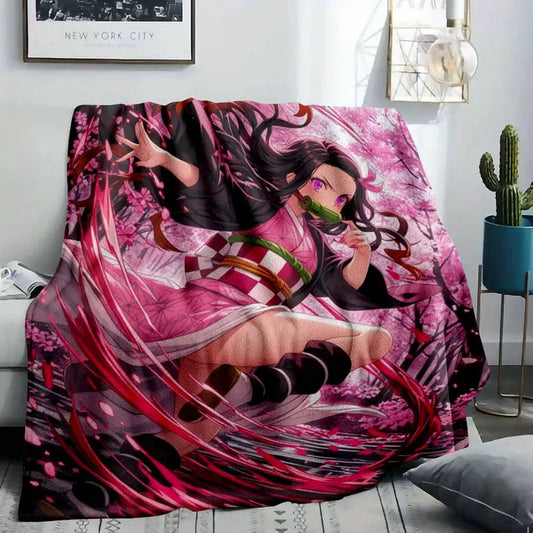 Anime Girl Cherry Blossom Flannel Fleece Blanket Japanese Kimono Warrior Pattern Ultra Soft Warm Lightweight Durable Bed Sofa Living Room Bedroom Travel Gift For Friends And Family Use - image 2