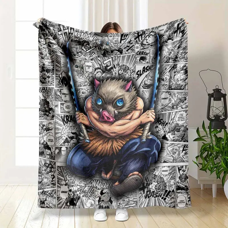 Flannel Throw Blanket Boar Mask Fighter Anime Pattern