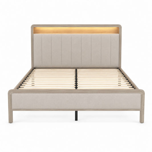 Wood and Fabric Upholstered Bed Frame with LED Headboard King Size