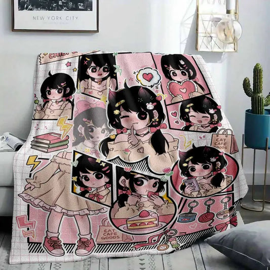 Anime Girl Flannel Blanket – Kawaii Chibi Cat Throw - image 2