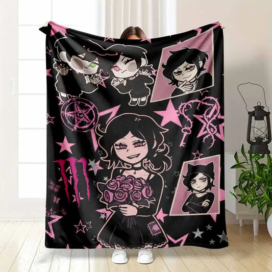 Gothic Anime Girl Flannel Blanket - Pink Star & Rose Print
