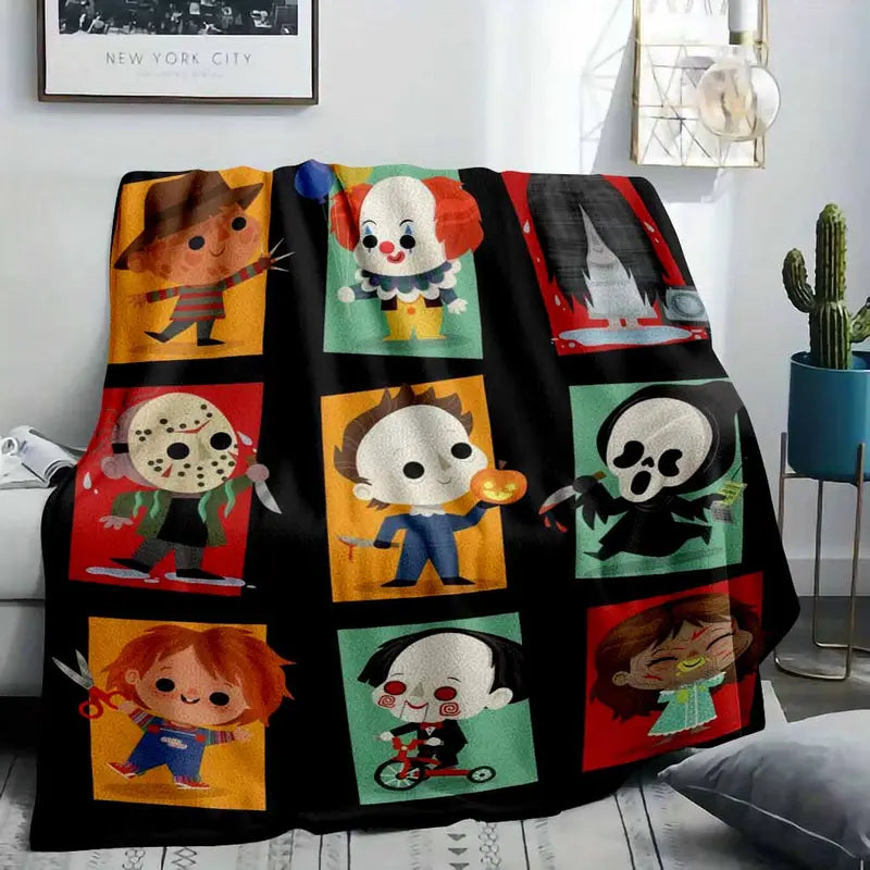 Cute Horror Flannel Throw Blanket, Halloween Cartoon