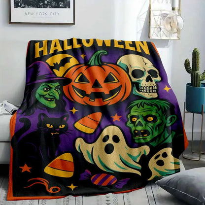 Halloween Aesthetic Flannel Fleece Throw Blanket - Vibrant Pumpkin-Witch-Skull Pattern, Ultra Soft & Warm for Autumn Home Decor - image 2
